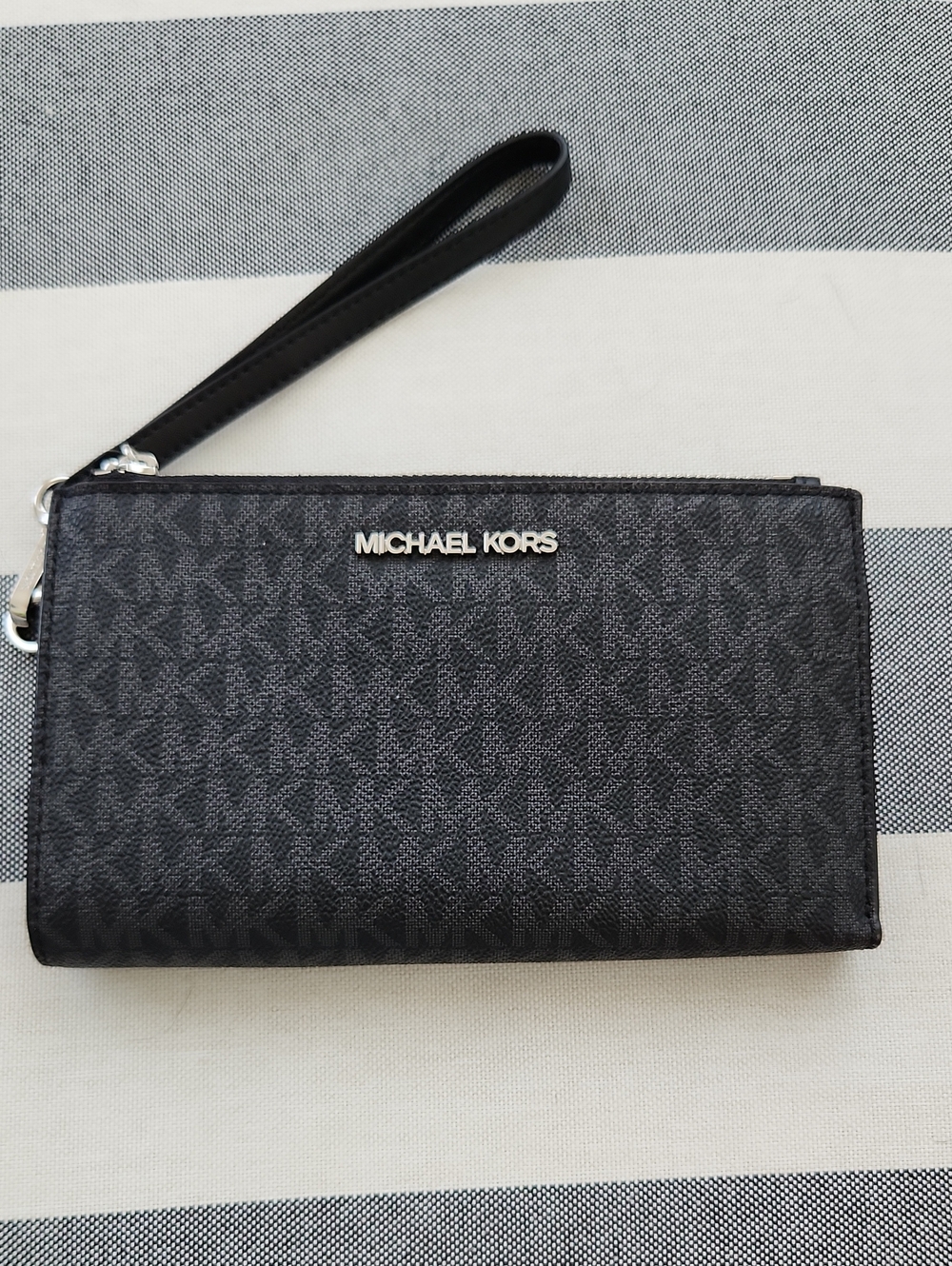Michael Kors Black MK Logo Wristlet Wallet with Silver Hardware
